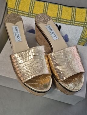 JIMMY CHOO DEEDEE Women's Metallic Gold Croc Embossed Cork Wedge Slide Sandals
